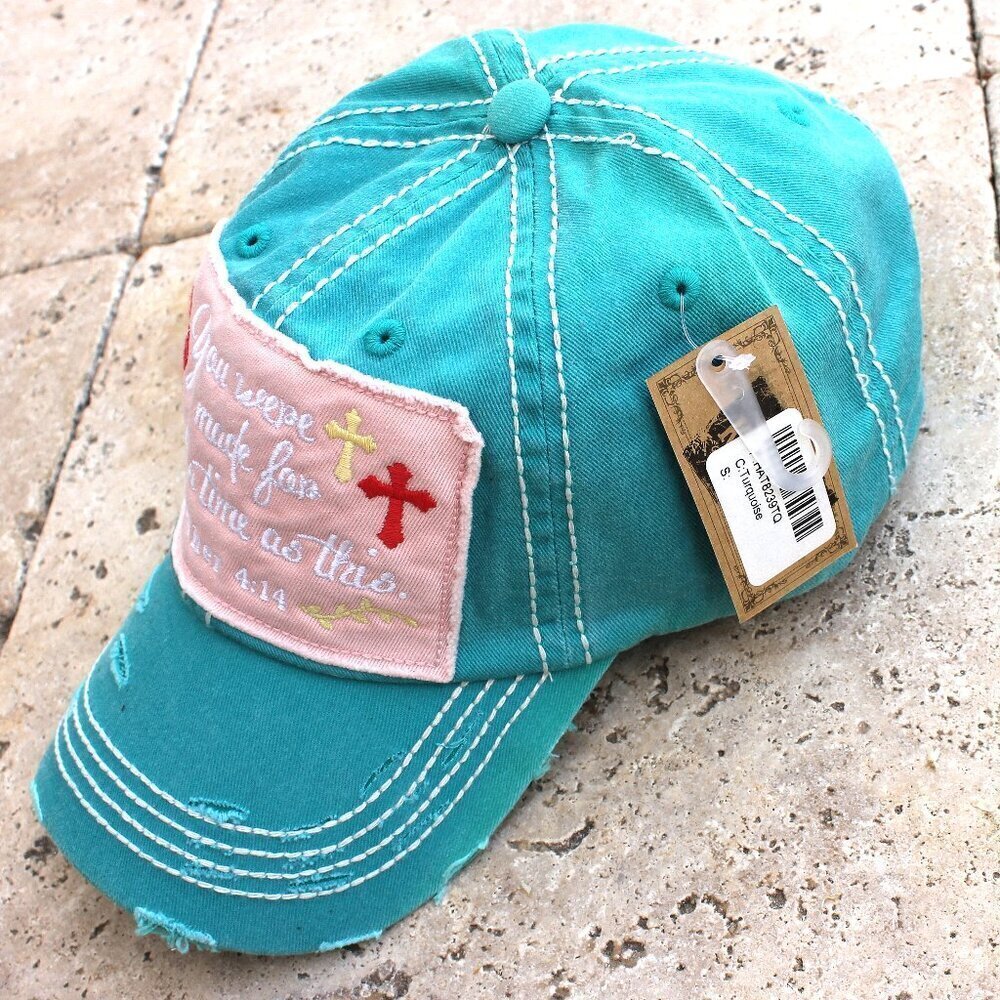 Womens Inspirational Cross Hat Cap Such A Time As This Esther 4:14 Distressed